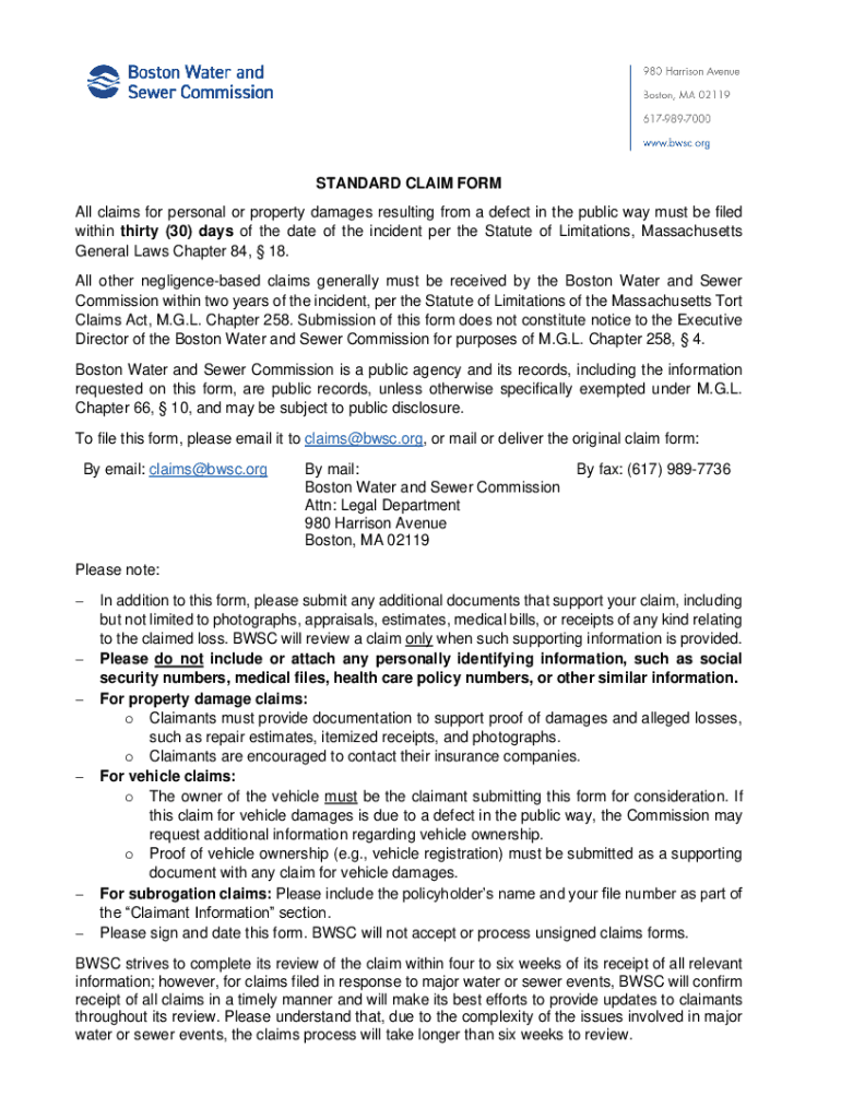 Fillable Online STANDARD CLAIM FORM All claims for personal or property
