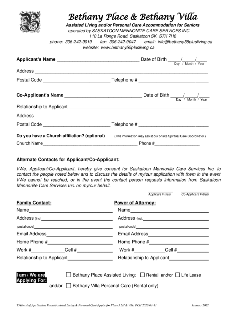Fillable Online Bethany Place & Bethany Villa Saskatoon Fax Email