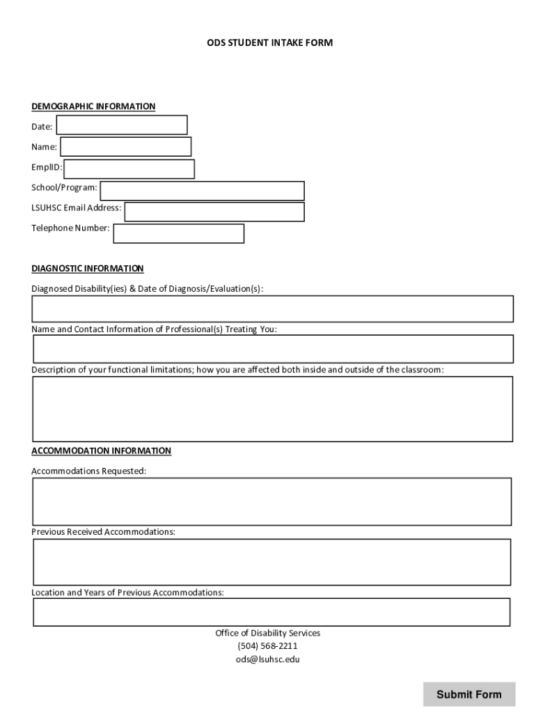 Fillable Online ODS Student Intake Form Fax Email Print pdfFiller