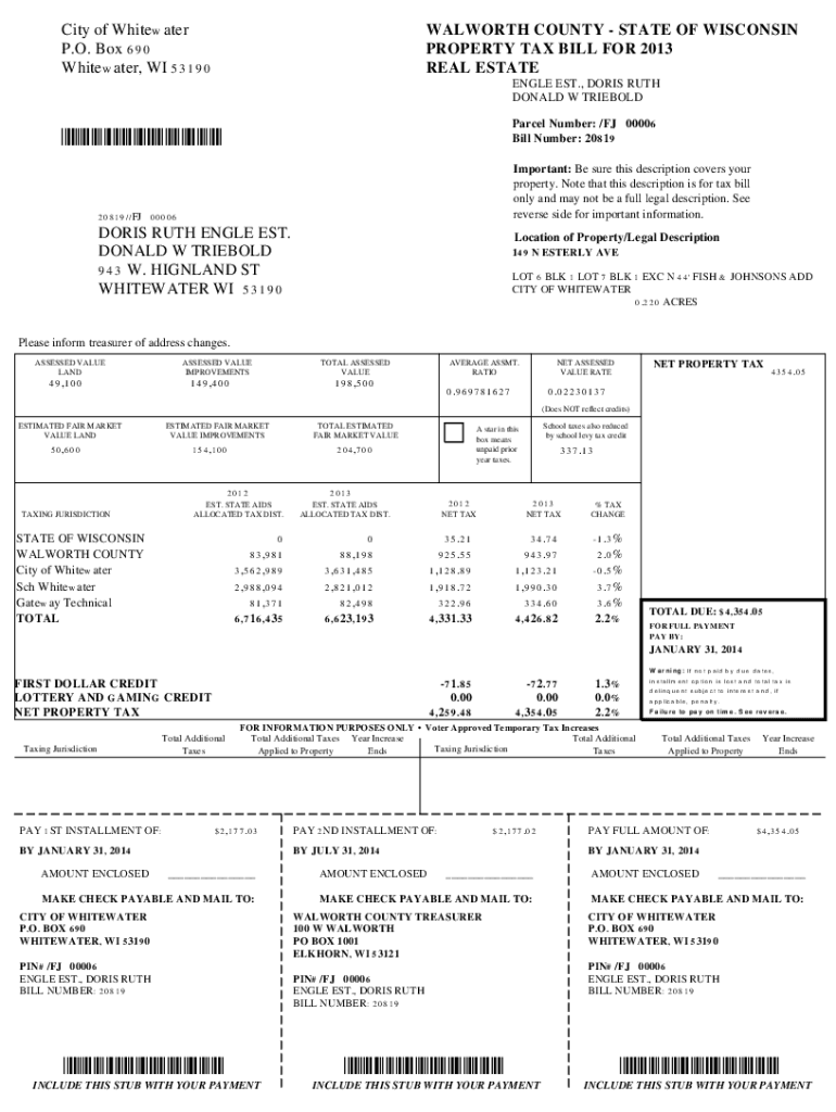 Fillable Online 2013 Tax Bill, City of Whitewater, Parcel /FJ 00006 Fax