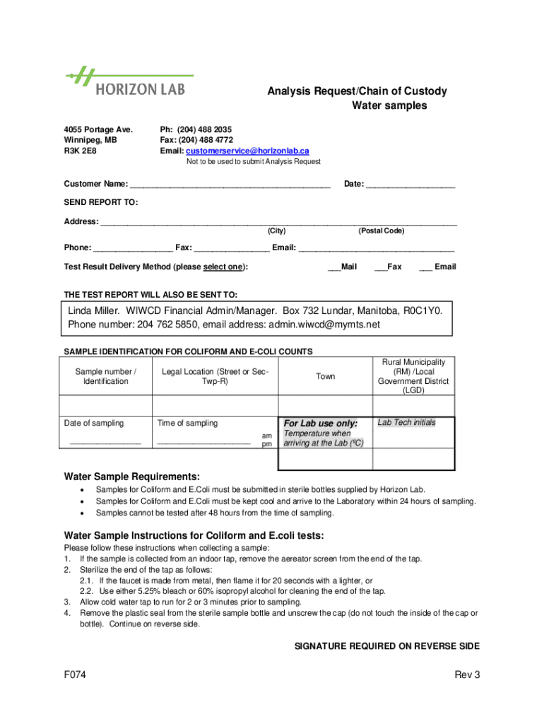 Fillable Online Analysis Request/Chain of Custody Water samples Fax