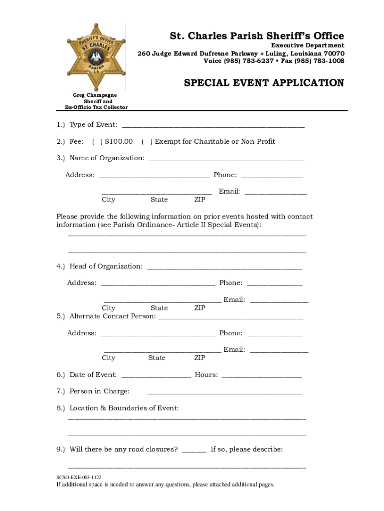 Fillable Online St. Charles Parish Sheriff's Office SPECIAL EVENT