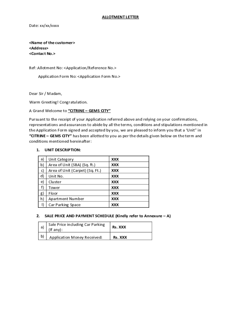 Fillable Online Application for Quarter Allotment Format and Sample