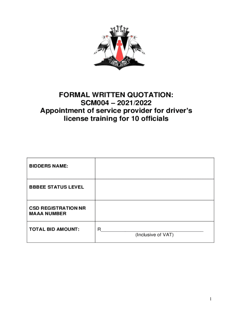 Fillable Online FORMAL WRITTEN QUOTATION Fax Email Print pdfFiller