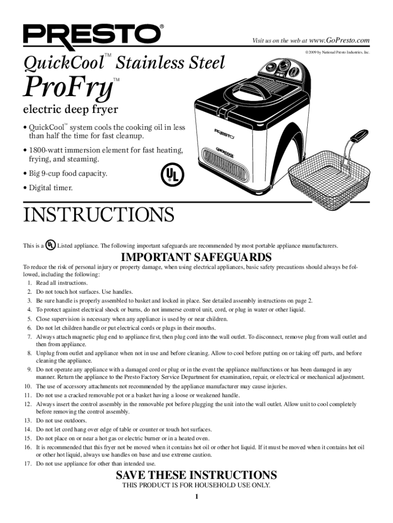 Fillable Online Instruction Manual for the QuickCool ProFry deep fryer