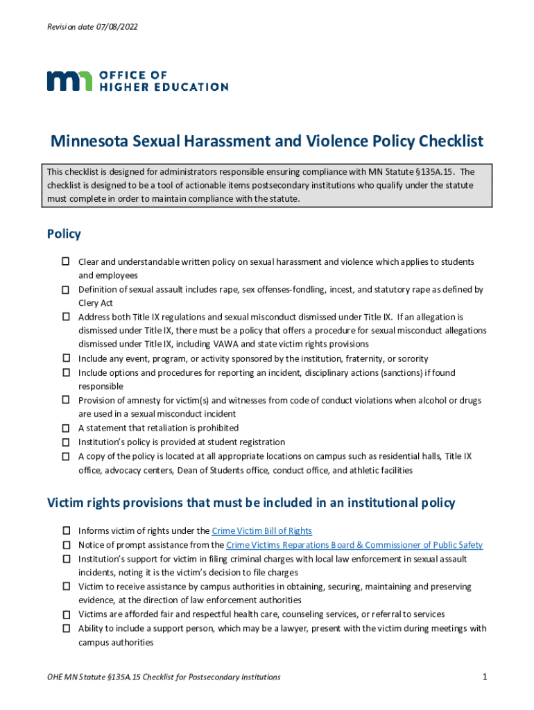 Fillable Online MInnesota Sexual Harrassment and Violence Policy