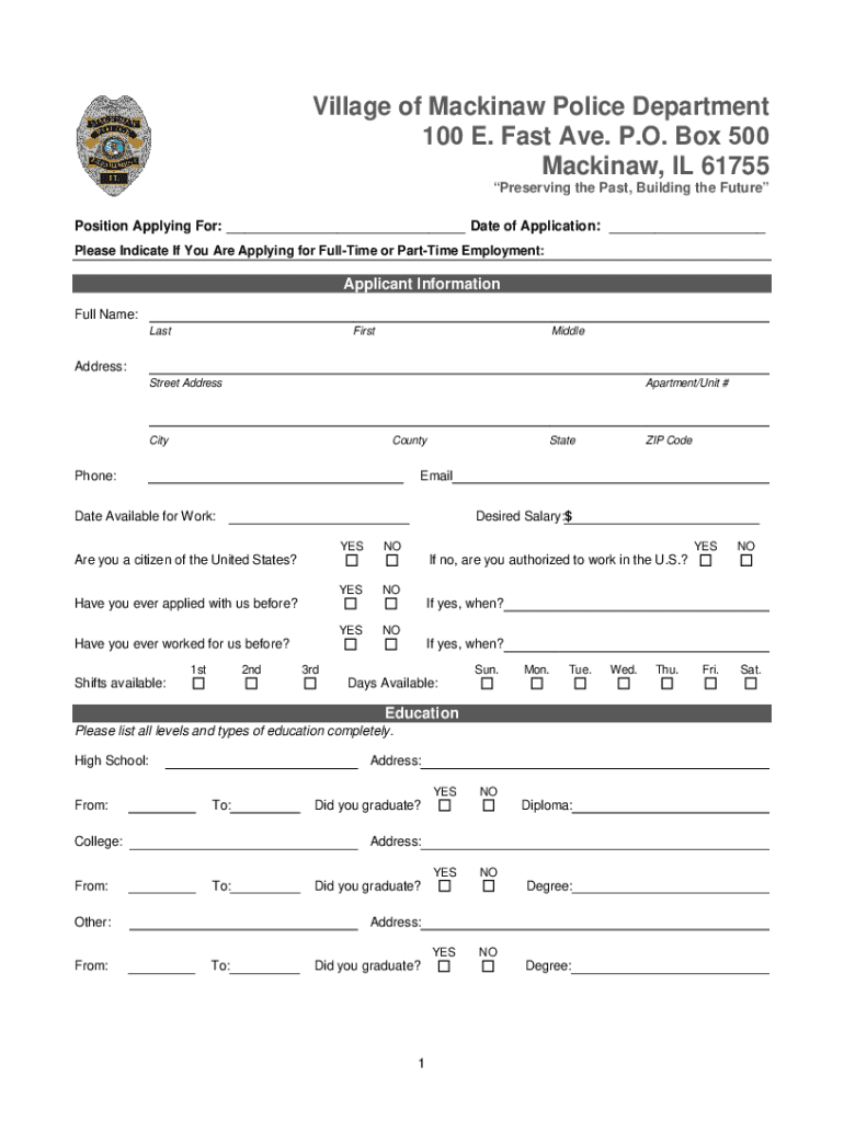 Fillable Online Mackinaw IL FULLTIME POLICE OFFICER HIRING Fax