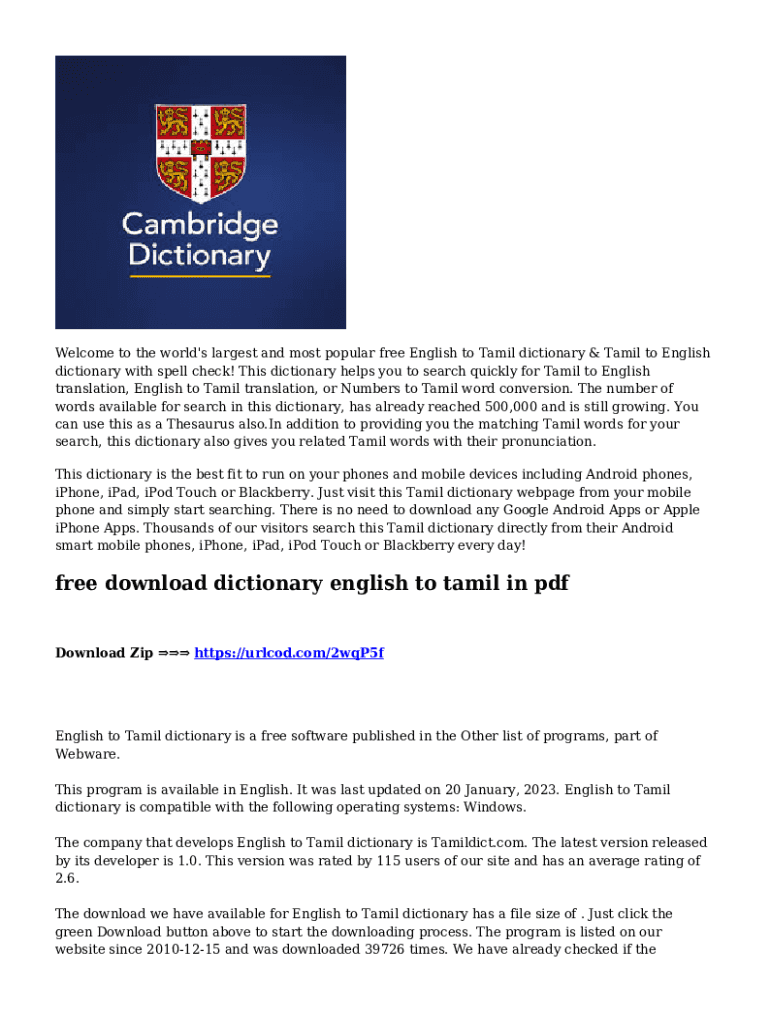 Fillable Online Free Download Dictionary English To Tamil In Pdf Fax
