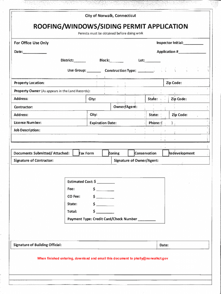 Fillable Online ROOFING/WINDOWS/SIDING PERMIT APPLICATION Norwalk, CT