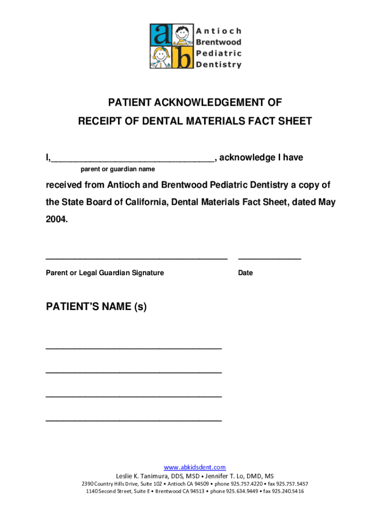 Fillable Online Patient Acknowledgement of Receipt of Dental Materials