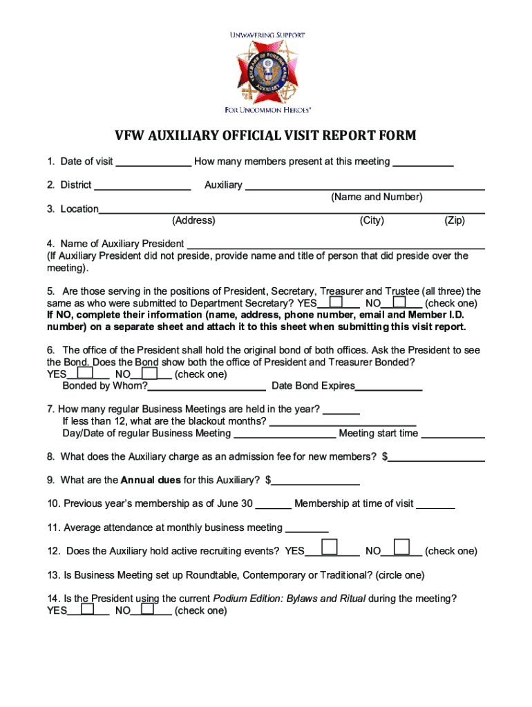 Fillable Online VFW AUXILIARY OFFICIAL VISIT REPORT Doc Template Fax