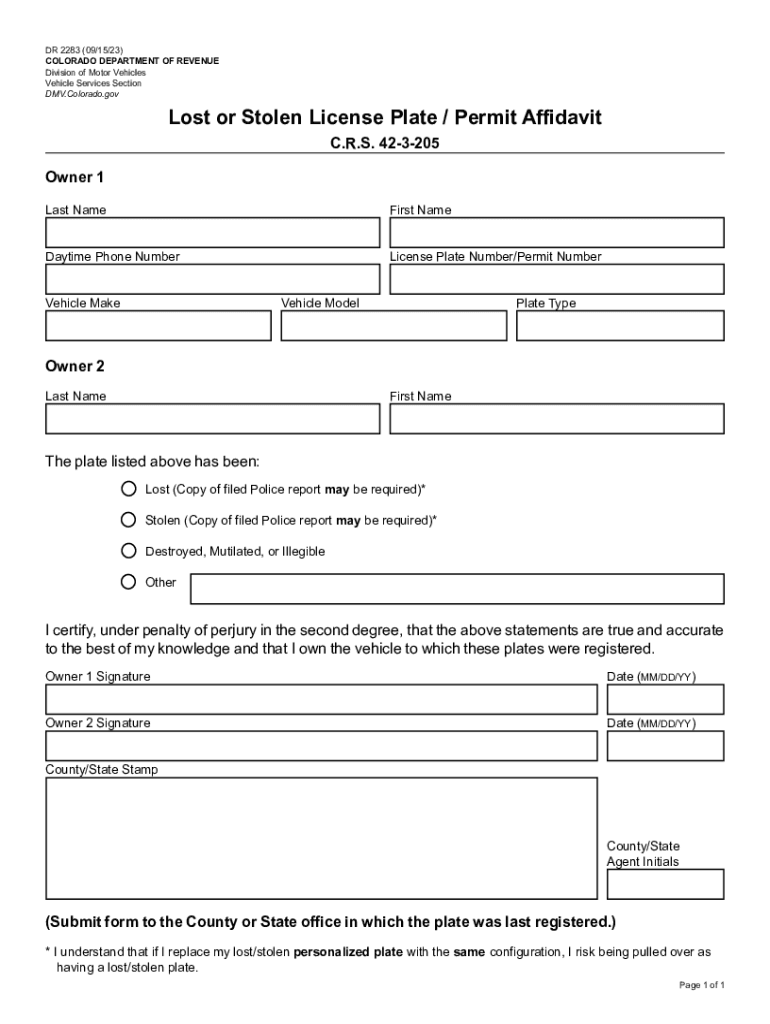 Fillable Online DR 2283 Lost or Stolen License Plate / Permit Affidavit
