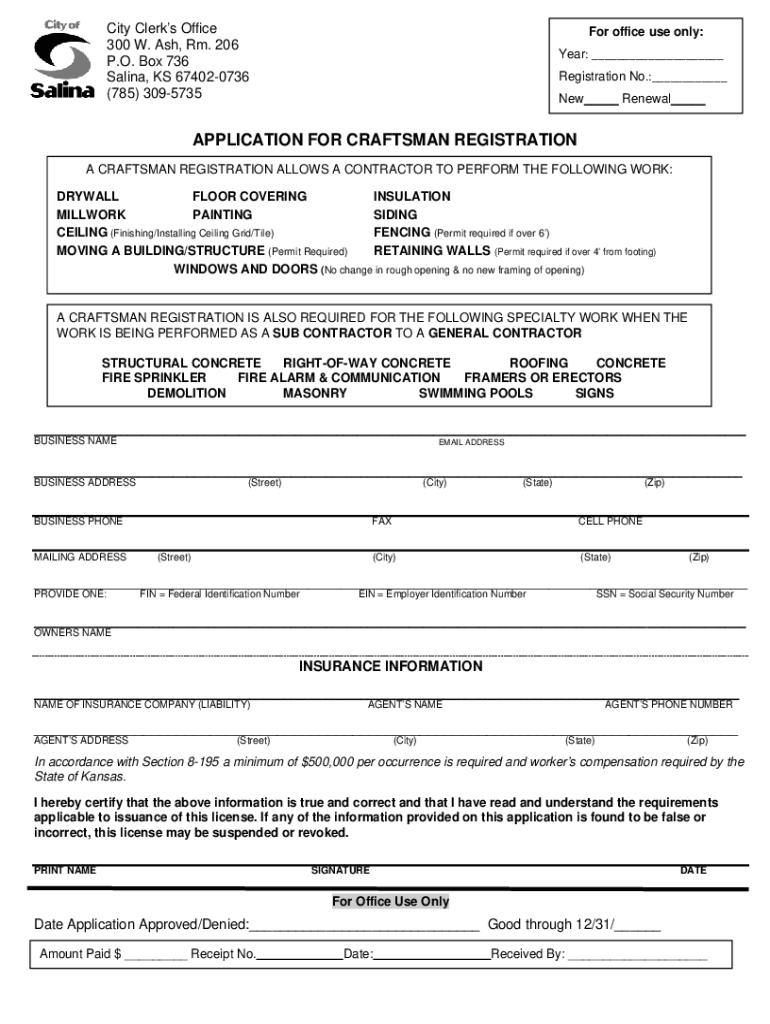 Fillable Online Fillable Online salinaks Craftsman Registration Master Fax Email Print pdfFiller