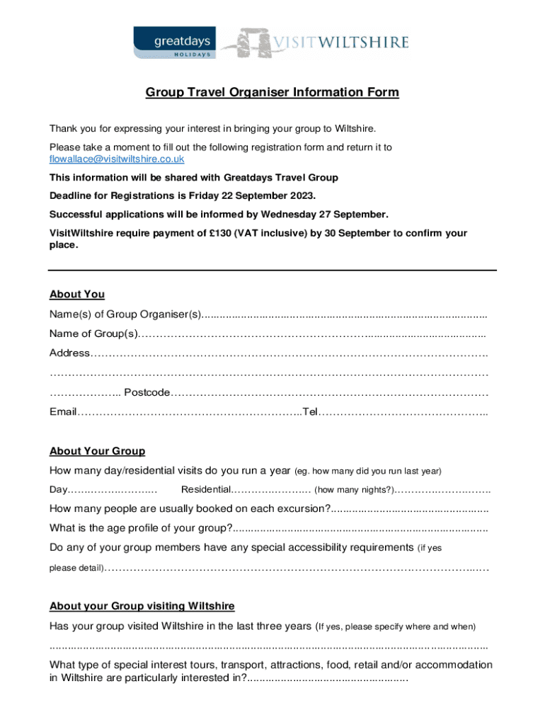Fillable Online Group Travel Organiser Information Form Fax Email Print