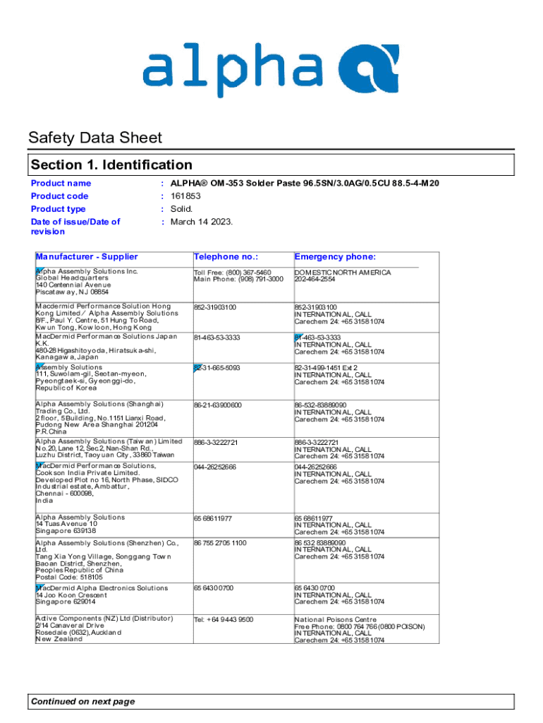Fillable Online ALPHA OM353 Solder Paste 96.5SN/3.0AG/0.5CU 88.54M20