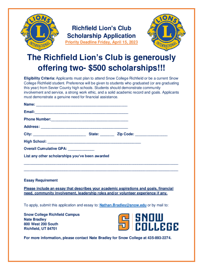 Fillable Online Richfield Lion's Club Scholarship Application Fax Email