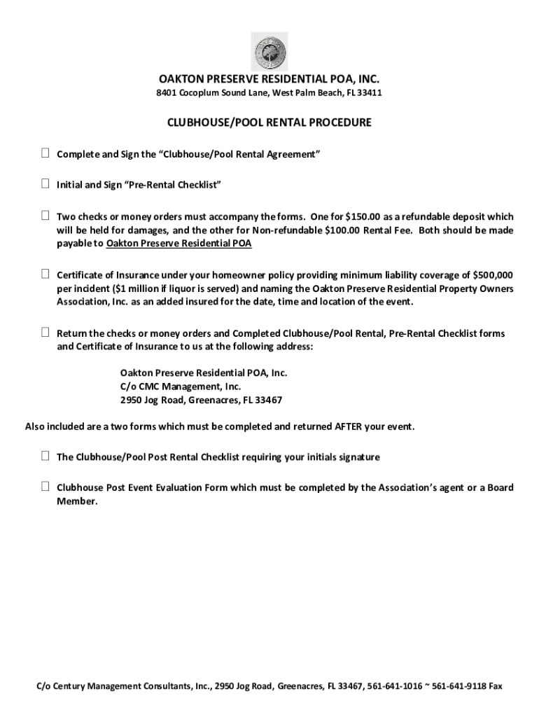 Fillable Online Oakton Preserve Clubhouse in West Palm Beach, FL Fax Email Print pdfFiller