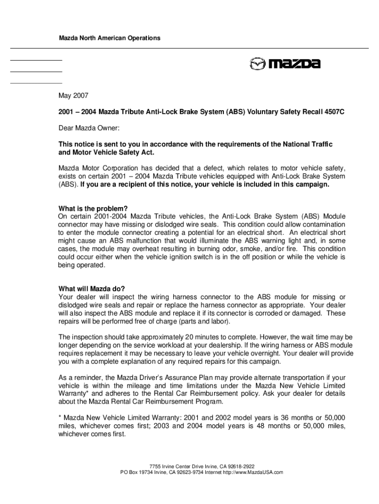 Fillable Online Mazda Recalls Tribute SUVs for Brake ProblemU.S. News