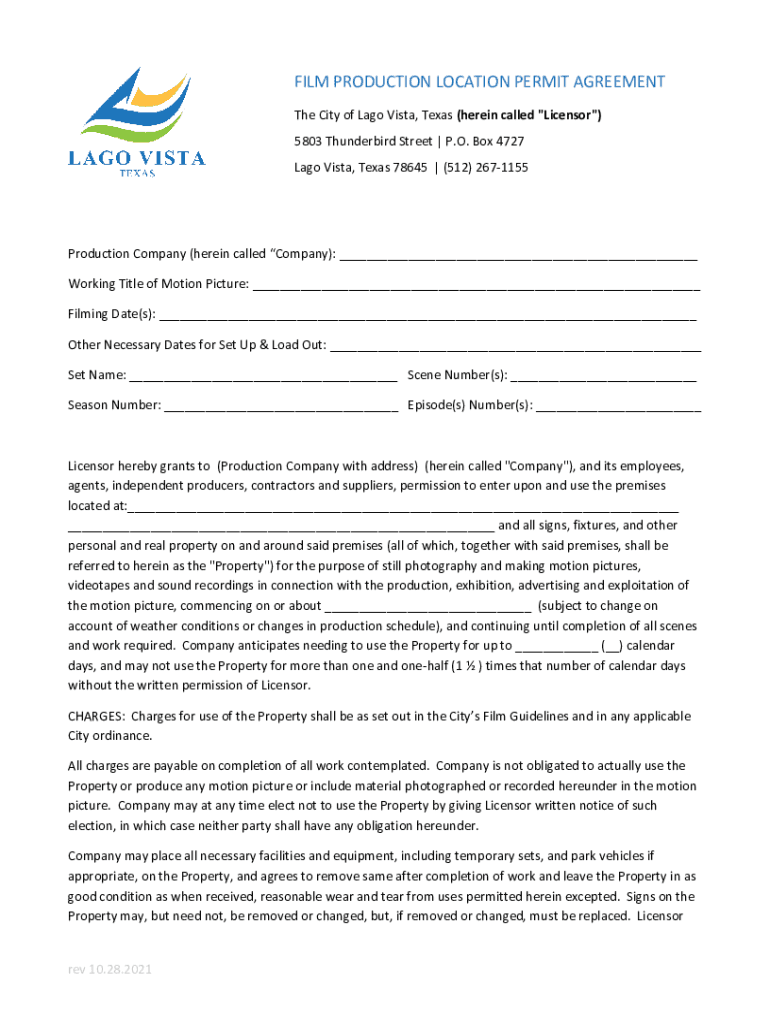 Fillable Online FILM PRODUCTION LOCATION PERMIT AGREEMENT Fax Email