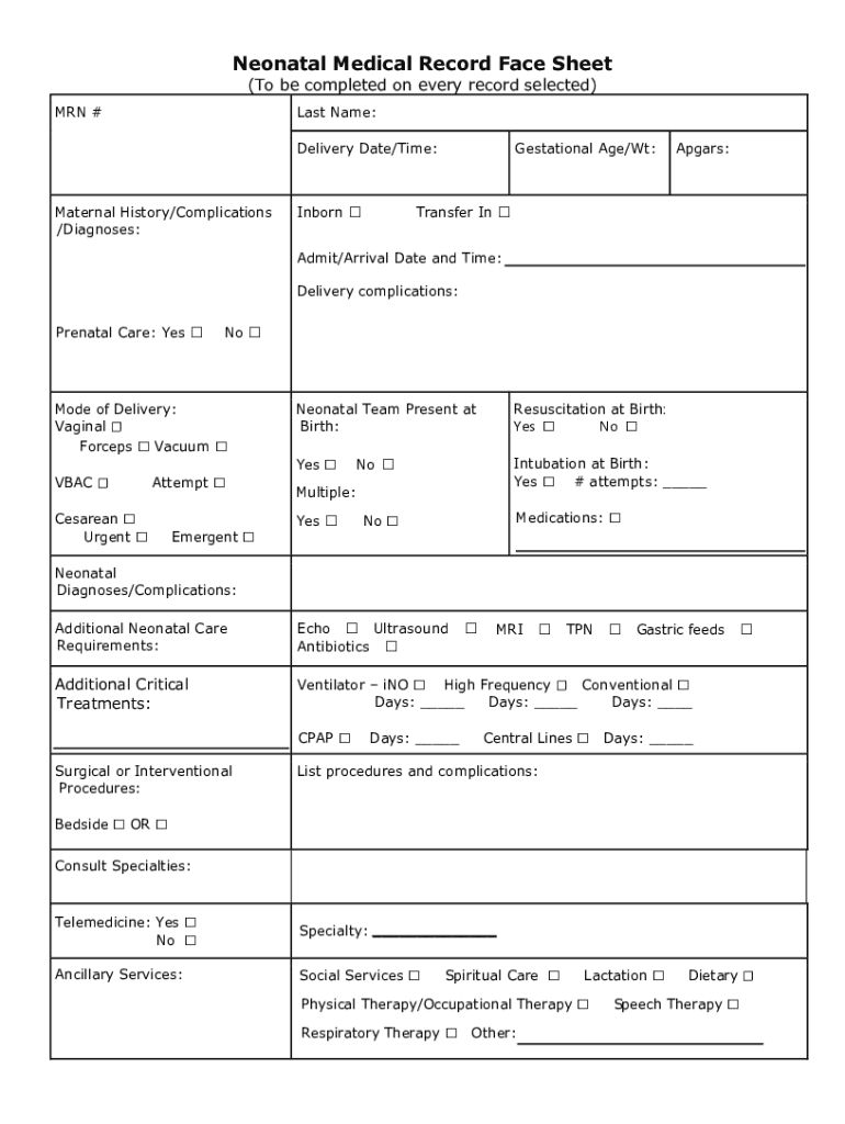 Fillable Online Neonatal Medical Record Face Sheet Fax Email Print
