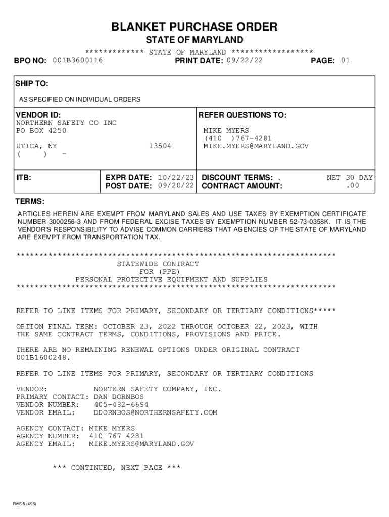 Fillable Online PDF version of FMIS Blanket Purchase Order. Blanket