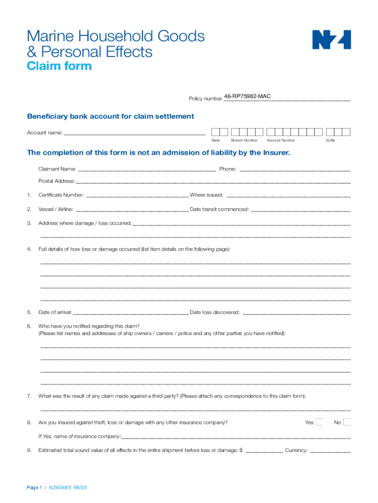 Fillable Online Marine Household Goods & Personal Effects Claim form Fax Email Print pdfFiller