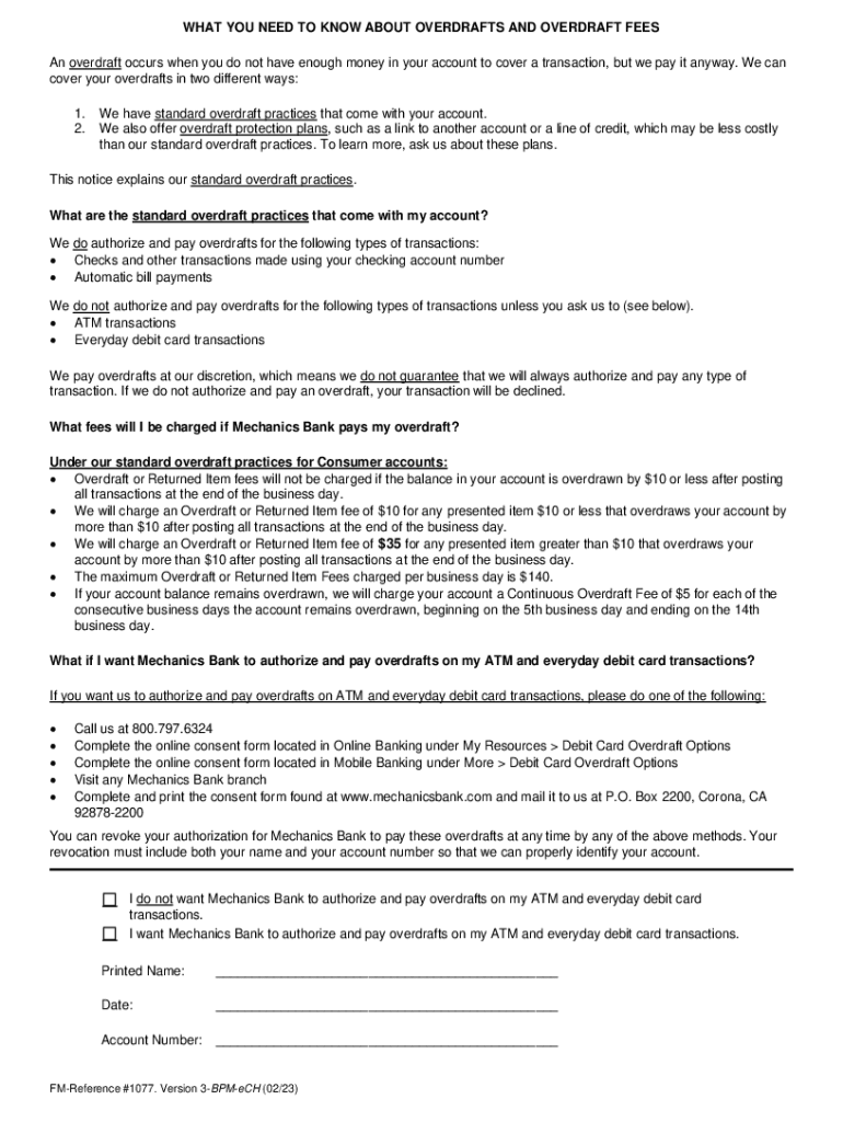Fillable Online Mechanics Bank Overdraft Fees Fax Email Print pdfFiller