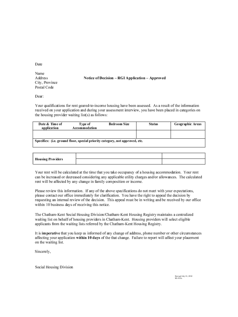 Fillable Online Application for (RGI) Assistance