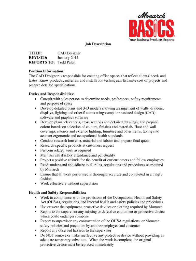 Fillable Online CAD Designer Job Description Monarch Basics Fax