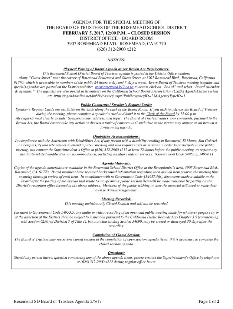 Fillable Online Rosemead SD Board of Trustees Agenda 2/5/17 Page 1 of Fax Email Print