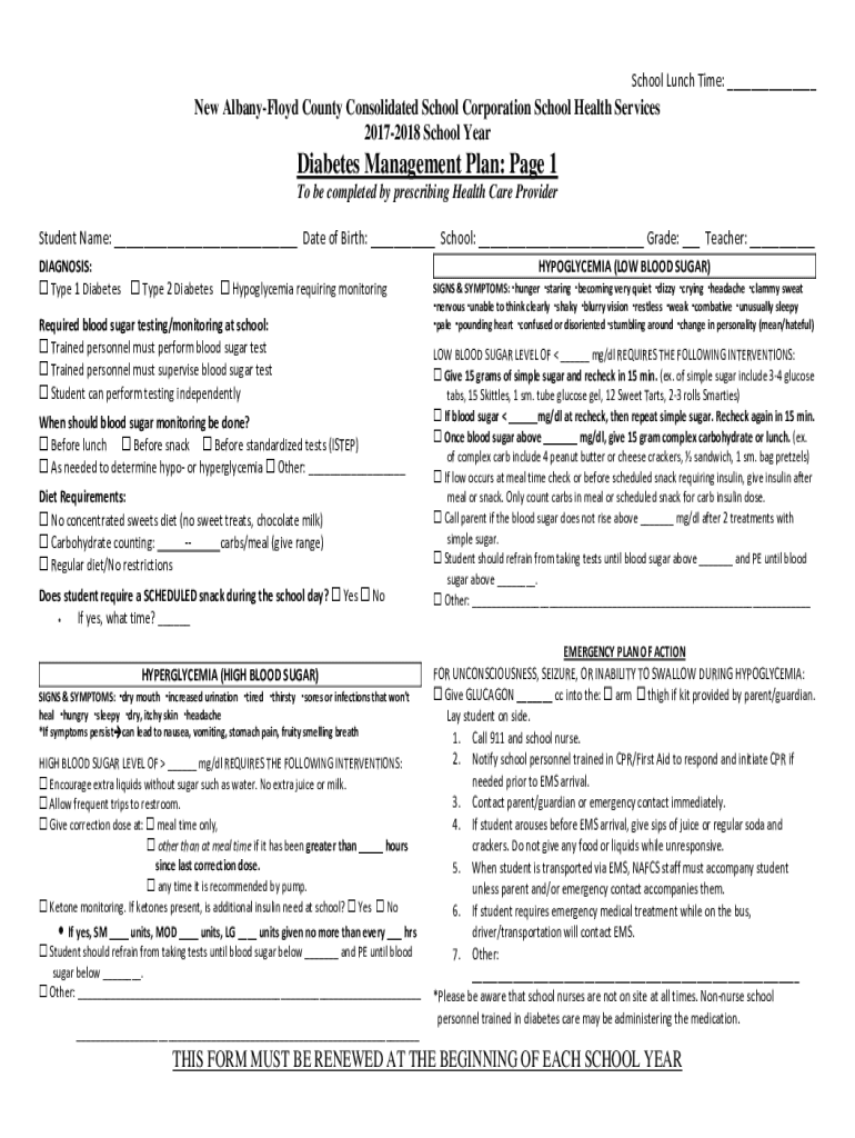 Fillable Online Diabetes Management Plan Page 1 Fax Email Print