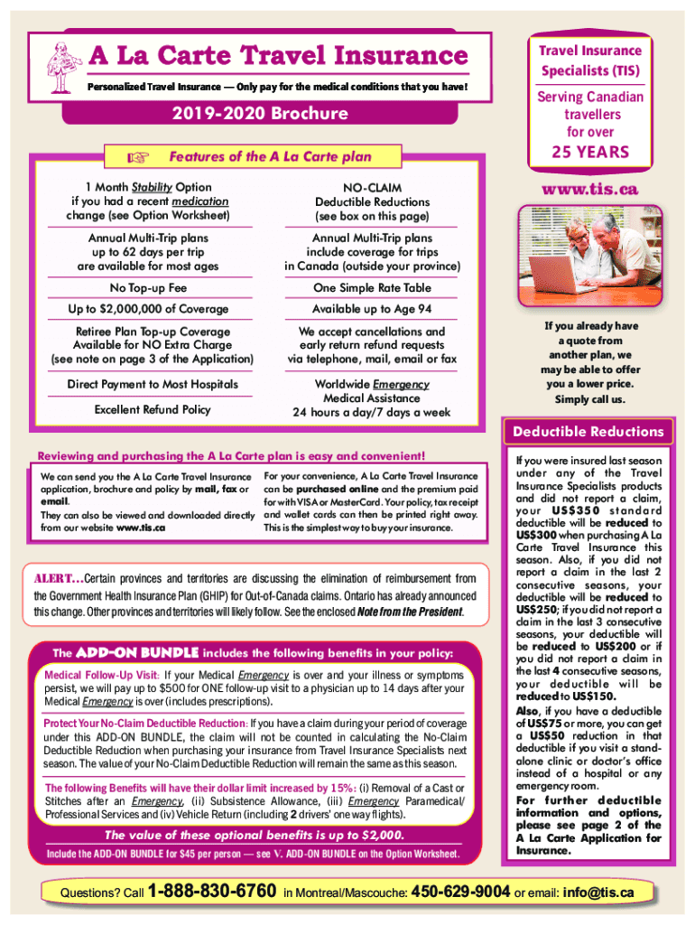 Fillable Online A La Carte Travel InsuranceEnglish Quebec Fax Email