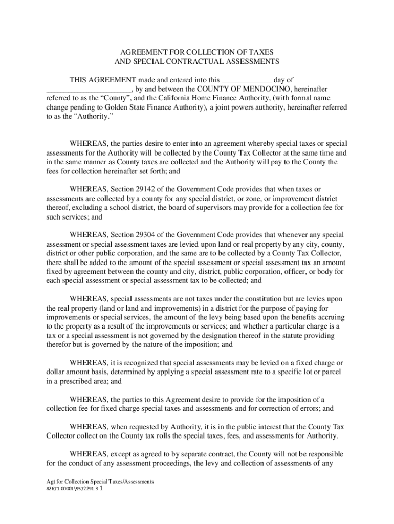 Fillable Online co mendocino ca agreement for collection of taxes