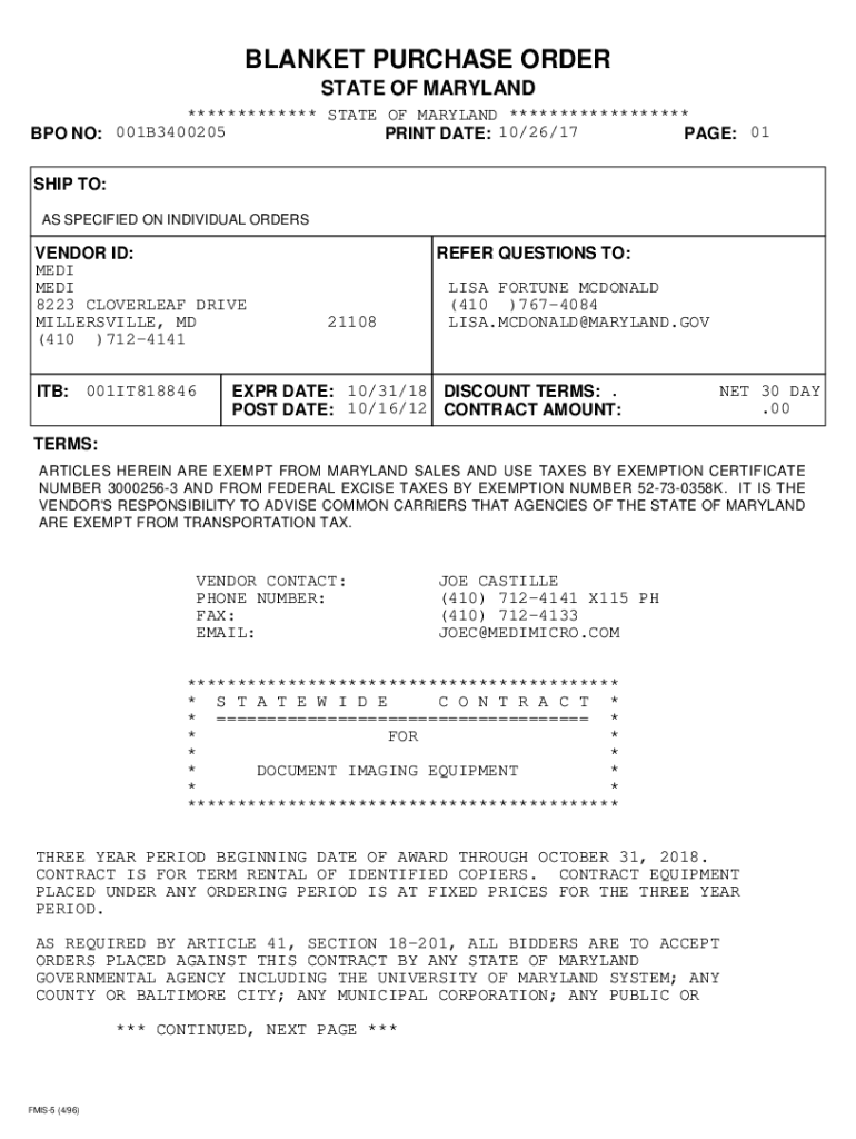 Fillable Online dgs state md PDF version of FMIS BPO. Blanket Purchase