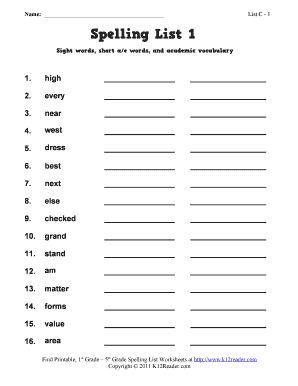 Fillable Online Third Grade Spelling Words Worksheet Week 1 Fax Email
