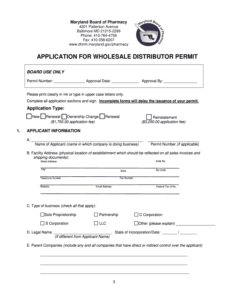 Fillable Online dhmh maryland Distributor Initial Application Fax Email