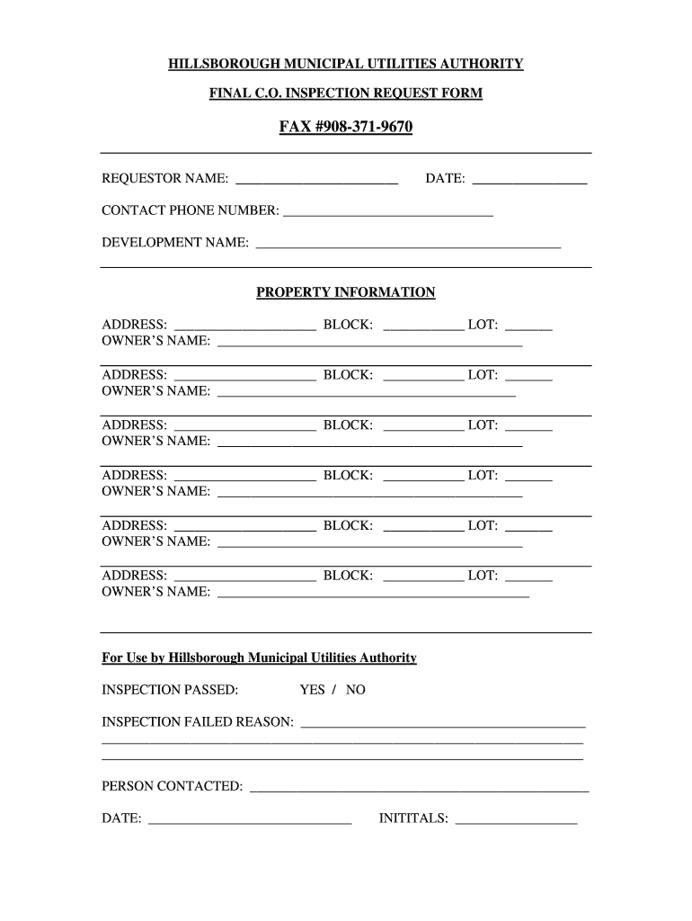 Fillable Online hillsboroughmuanj Final C.O. Inspection Request Form Township Of Hillsborough