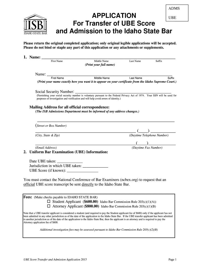 Fillable Online isb idaho ADMS APPLICATION UBE For Transfer of UBE