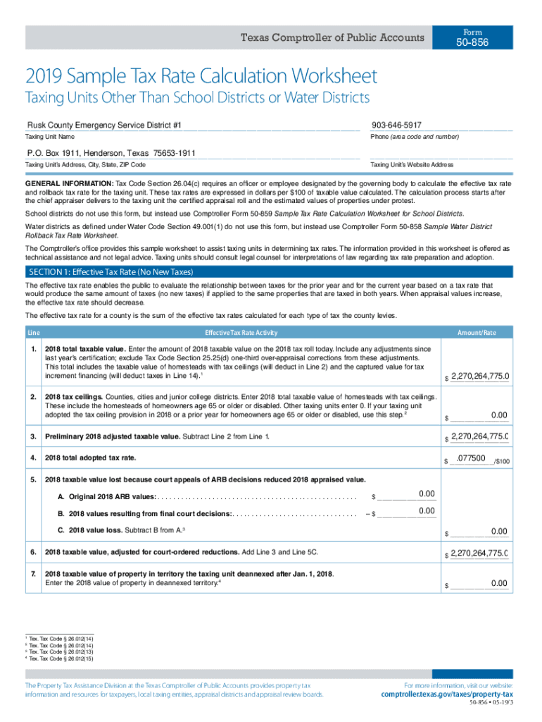 Fillable Online 2020 Tax Rate Calculation Worksheet Comal County Fax