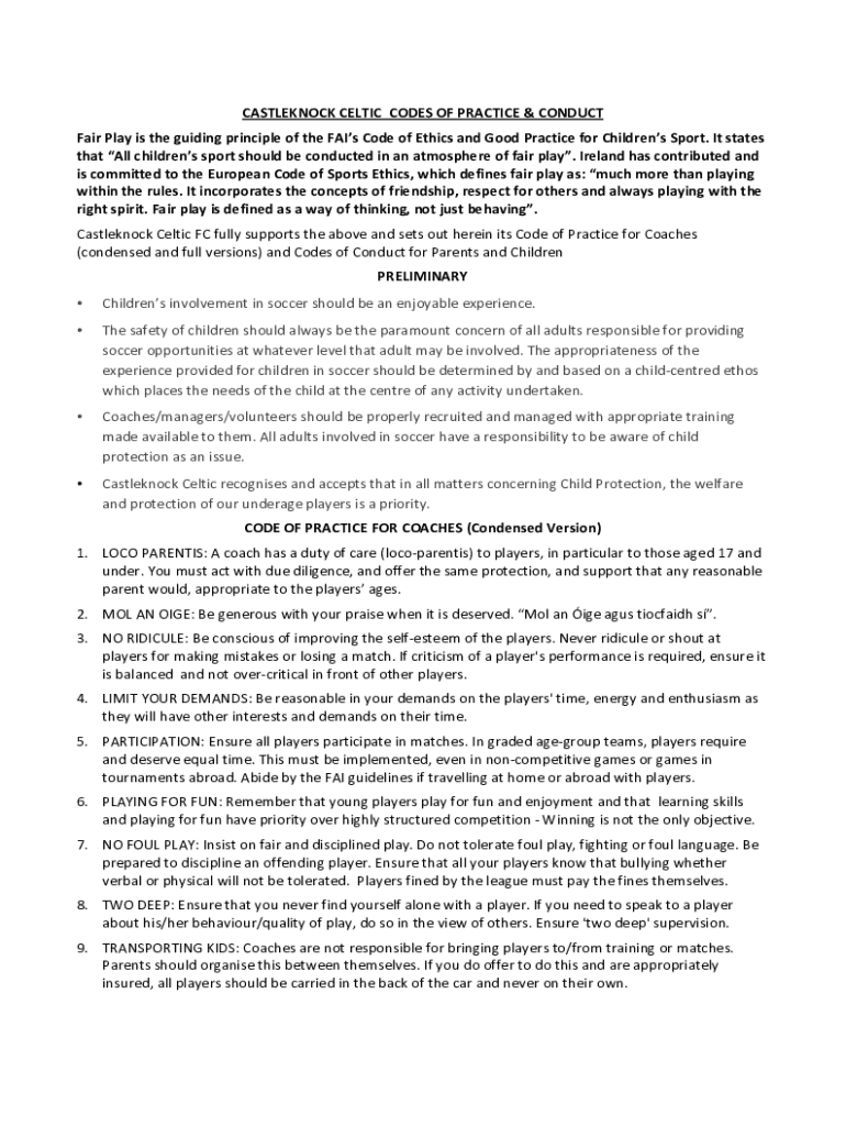 Fillable Online castleknock celtic codes of practice & conduct Fax