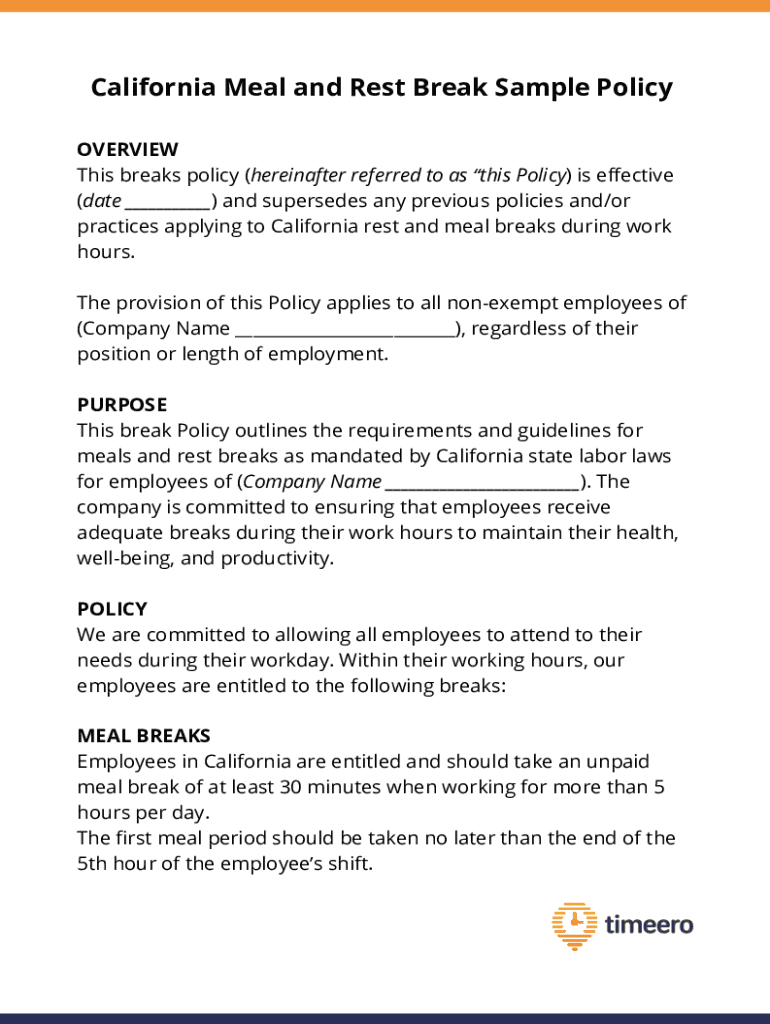 Fillable Online California Meal and Rest Break Policy (Free Template