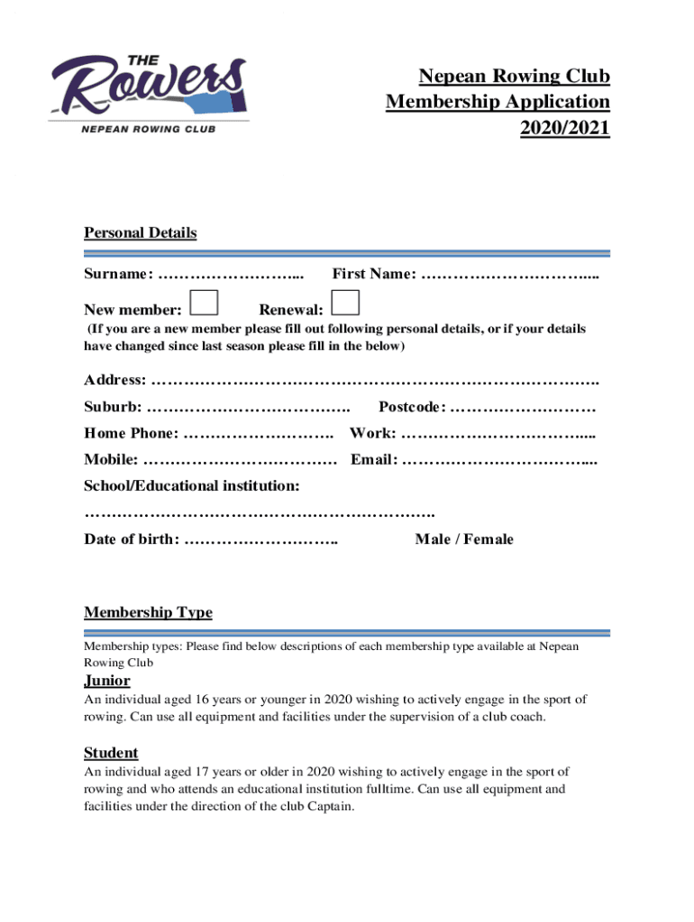 Fillable Online Nepean Rowing Club Membership Application Form Fax