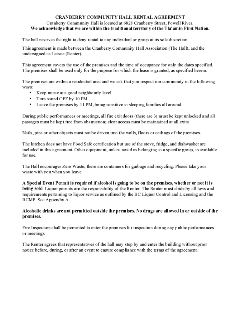Fillable Online Cranberry Community Hall Rental Agreement Fax Email