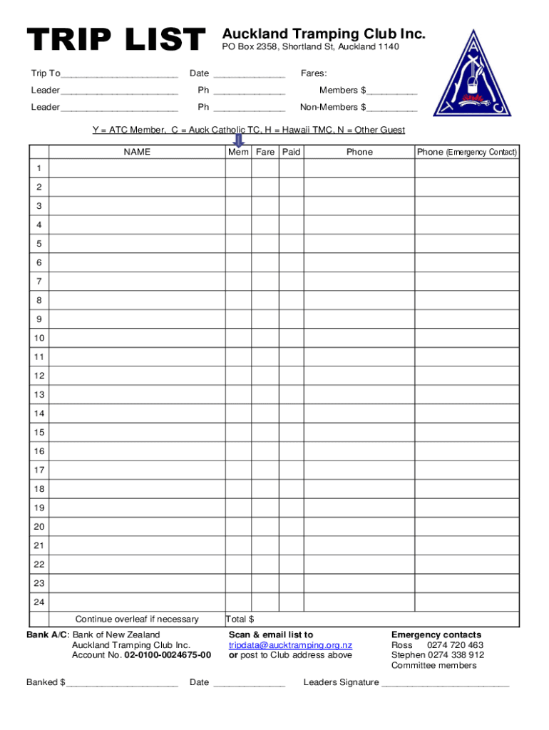 Fillable Online Trip List Form Auckland Tramping Club Fax Email Print