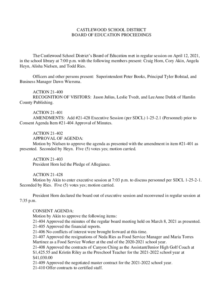 Fillable Online The Castlewood School Districts Board of Education met