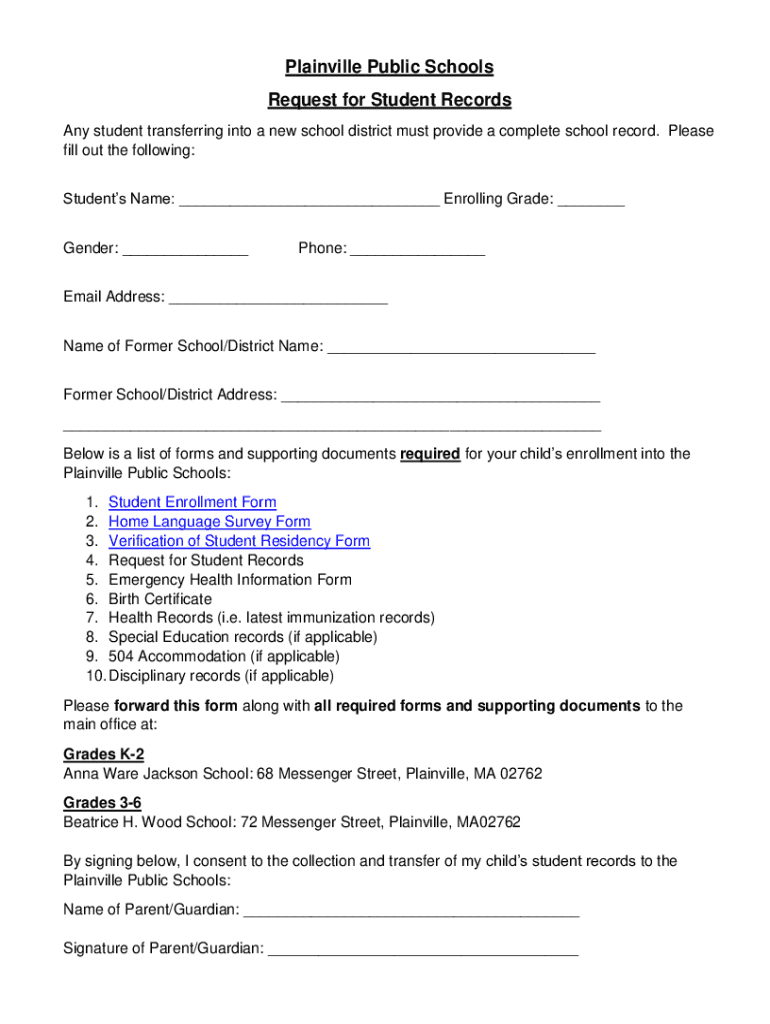 Fillable Online Plainville Public Schools Request for Student Records