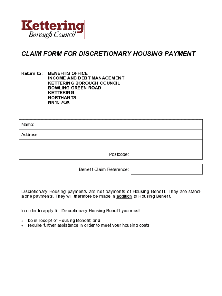 Fillable Online CLAIM FORM FOR DISCRETIONARY HOUSING PAYMENT Fax Email Print pdfFiller