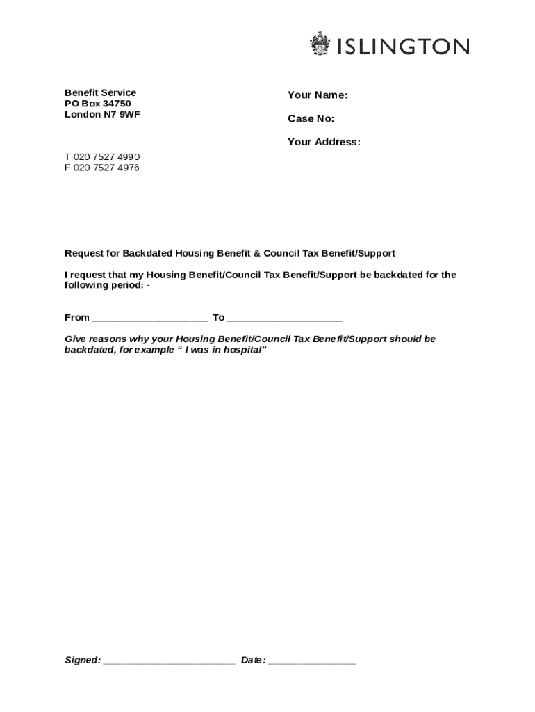 Request for Backdated Housing Benefit & Doc Template pdfFiller