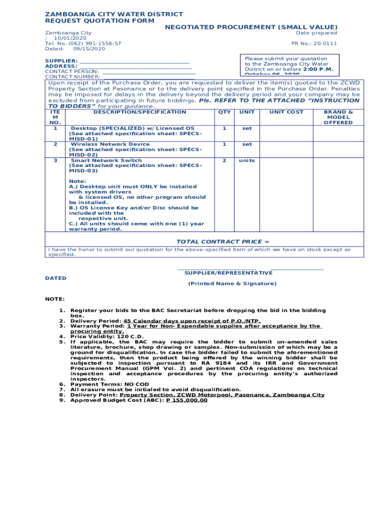 ZAMBOANGA CITY WATER DISTRICTREQUEST QUOTATION zcwd gov Doc Template