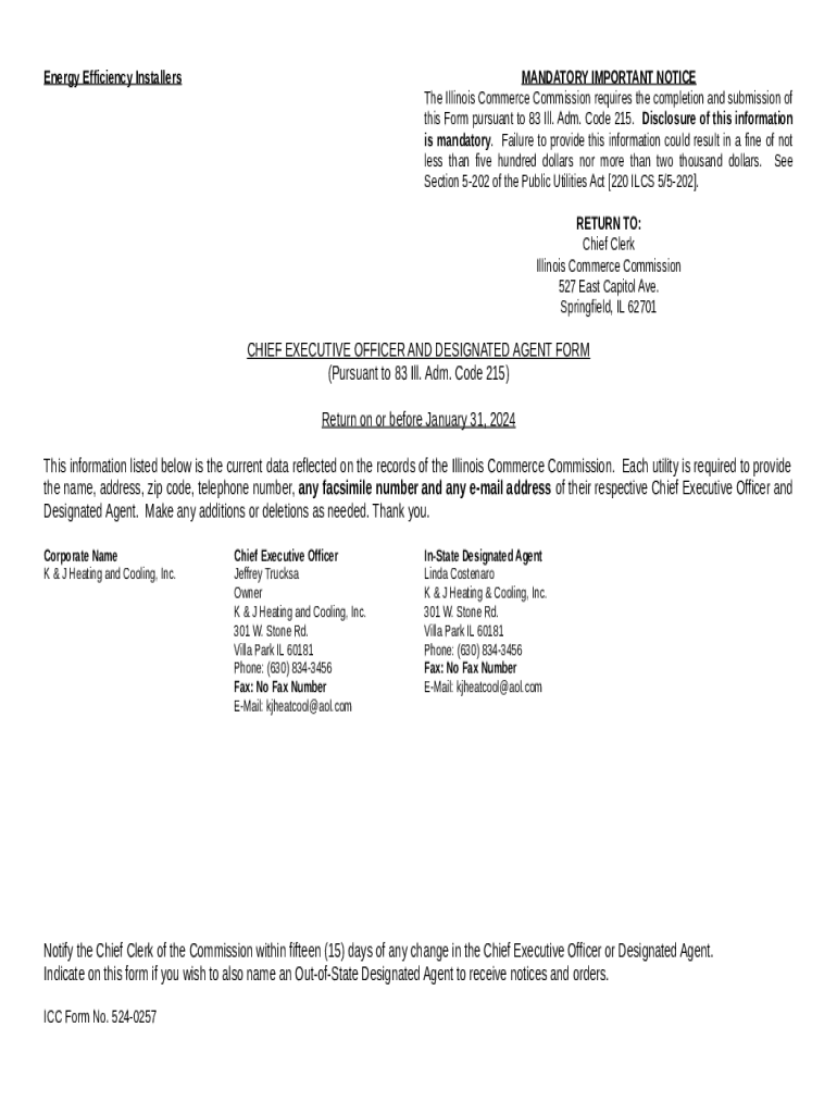 K & J Heating and Cooling, Inc icc illinois Doc Template pdfFiller